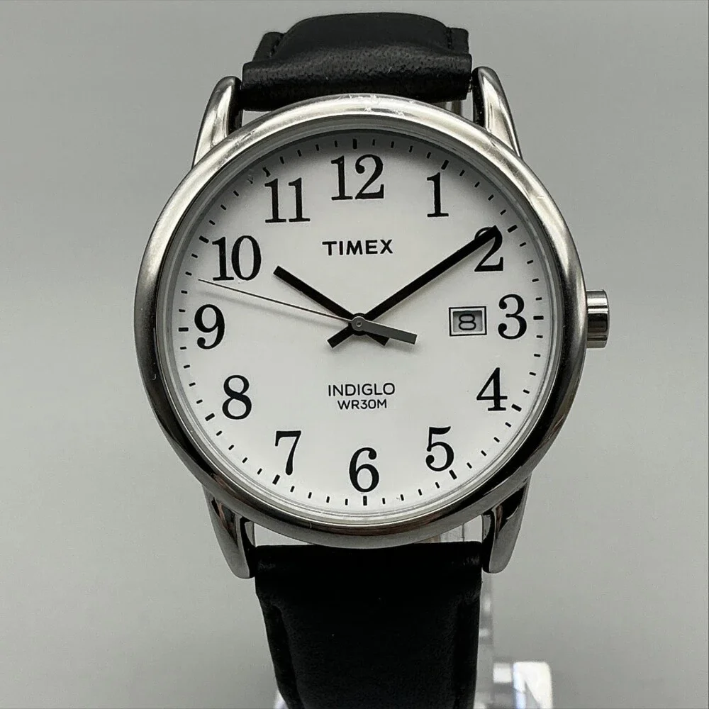 Timex Indiglo Easy Reader Mens Watch 38mm Black Leather Date New Battery